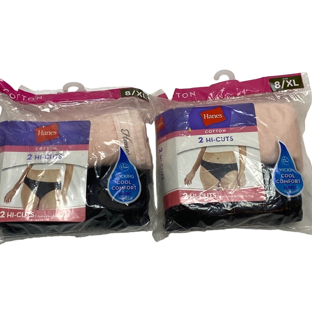 Hanes Womens Hi-Cut‎ Cotton Panties 4 Pack Size 8 XL Black Pink Wicking Comfort